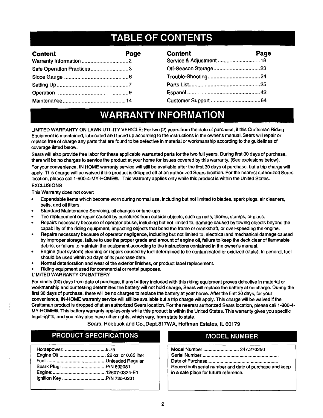 Craftsman 250, 270, 247 owner manual Content 