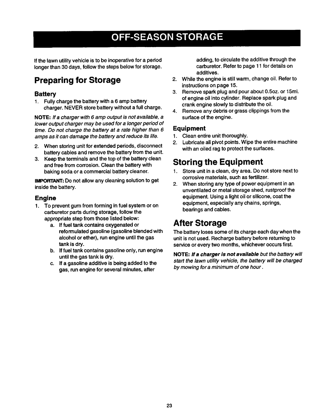 Craftsman 250, 270, 247 owner manual Preparing for Storage, Storing the Equipment, After Storage, Engine 