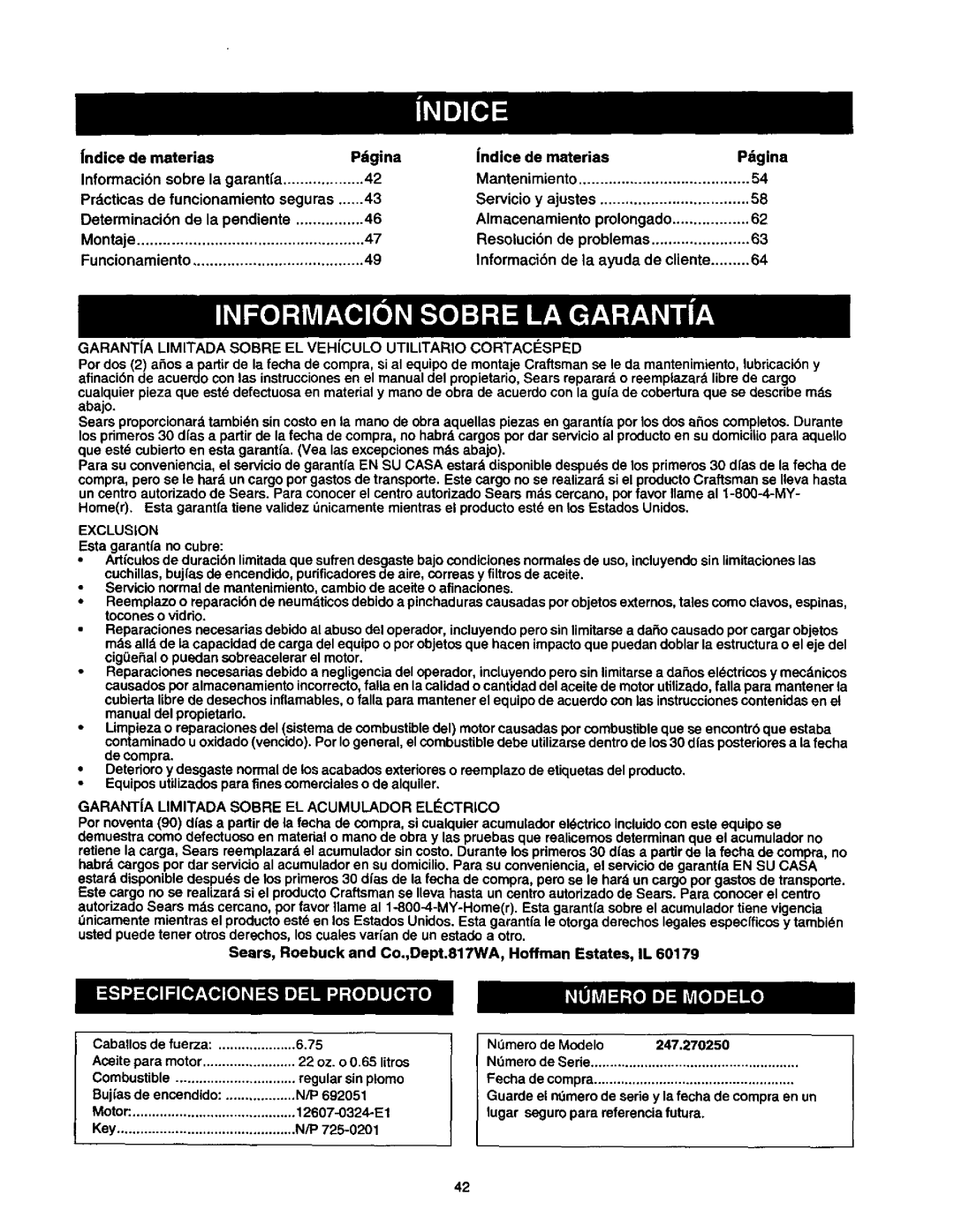 Craftsman 270, 247, 250 owner manual Garanta Limitada Sobre EL Vehculo Utilitario Cortacisped 