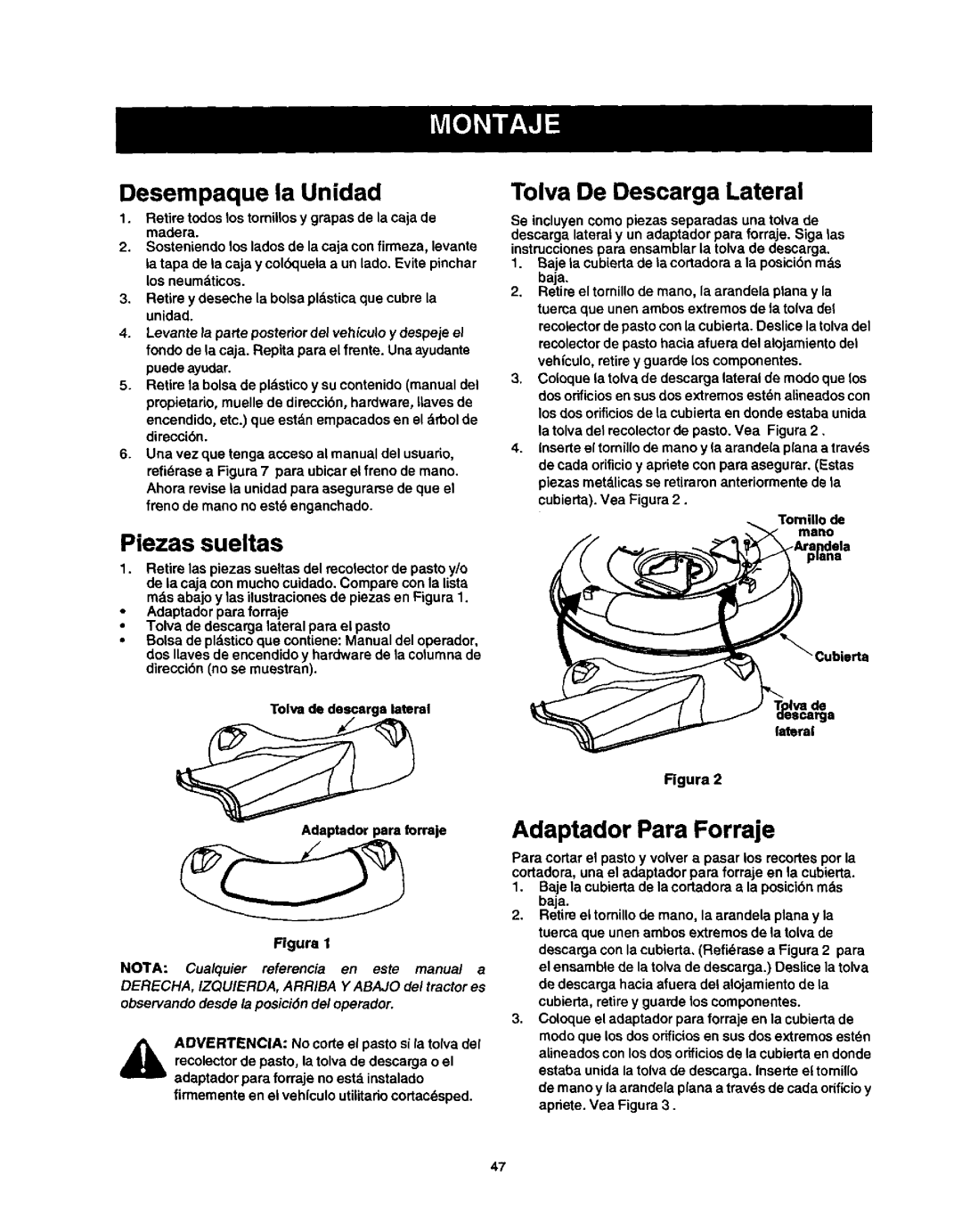 Craftsman 250, 270, 247 owner manual Desempaque la Unidad, Piezas sueltas, Tolva De Descarga Lateral, Adaptador Para Forraje 