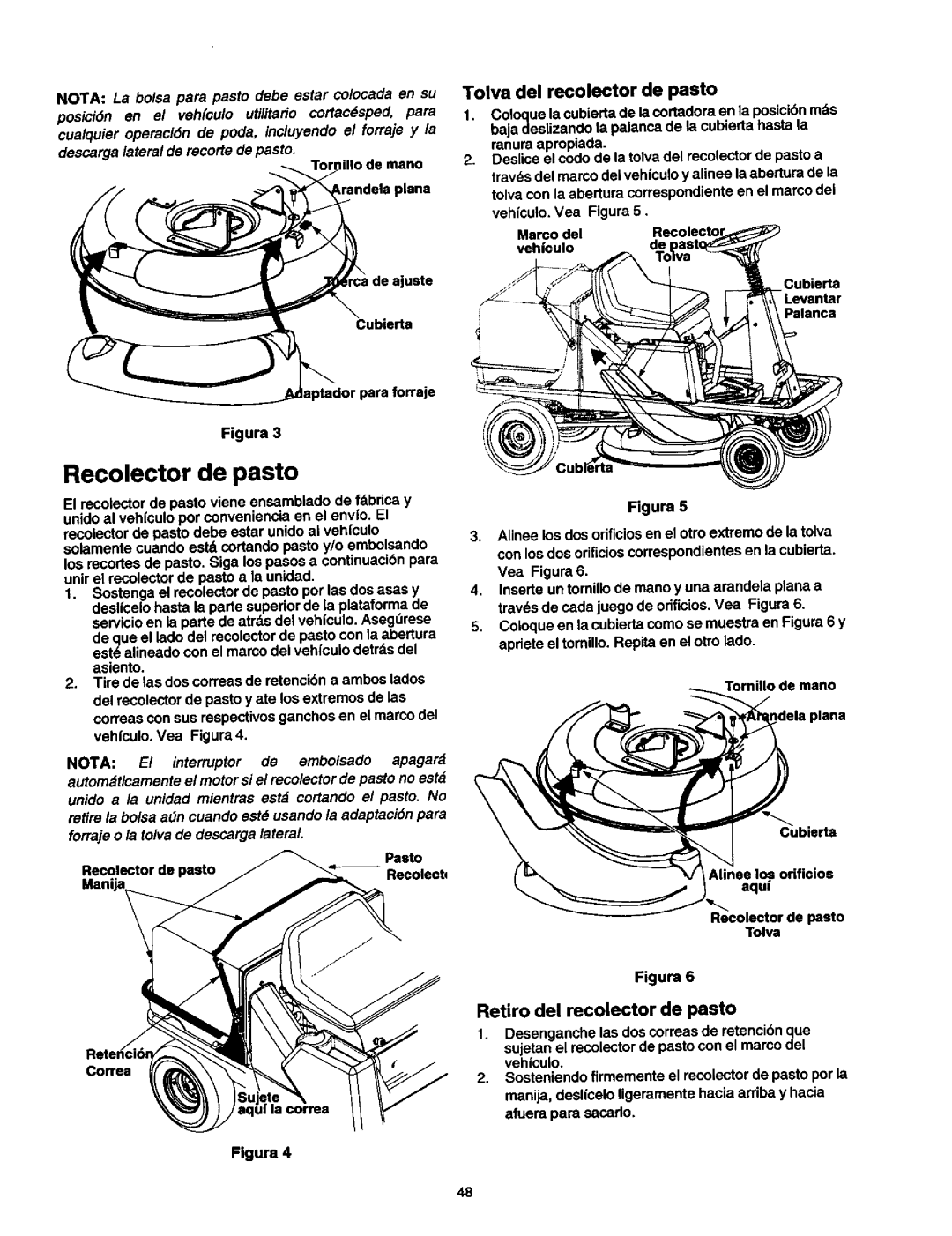 Craftsman 270 Recolector de pasto, Tolva del recolector de pasto, Retiro del recolector de pasto, Illo de mano, Cubierta 