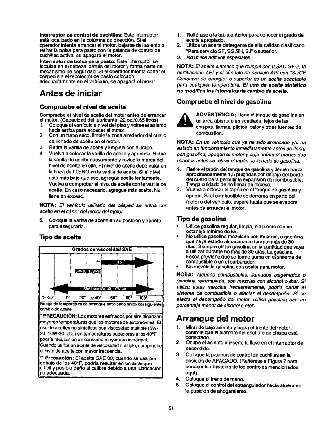 Craftsman 270, 247, 250 owner manual Antes de iniciar, Arranque del motor 