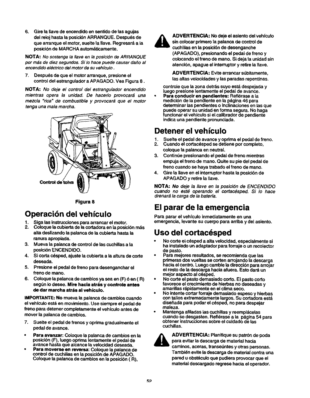 Craftsman 247, 270, 250 Operaci6n del vehfculo, Detener el vehiculo, El parar de la emergencia, Uso del cortacdsped 