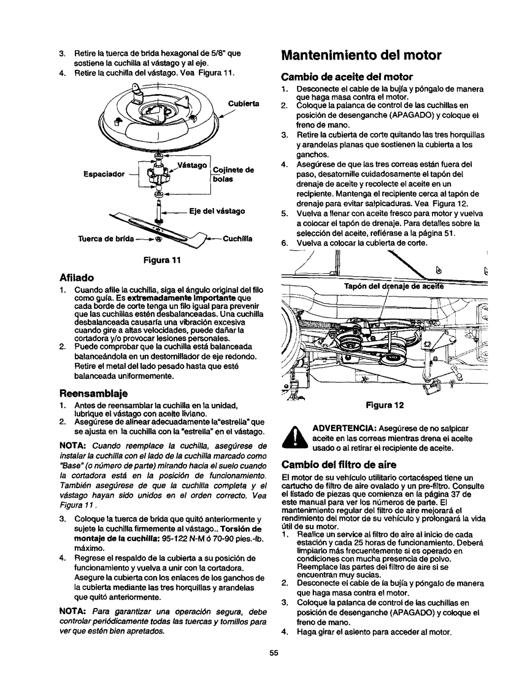 Craftsman 247, 270 Mantenimiento del motor, Cambio de aceite del motor, Afilado, Reensamblaje, Cambio del filtro de aire 