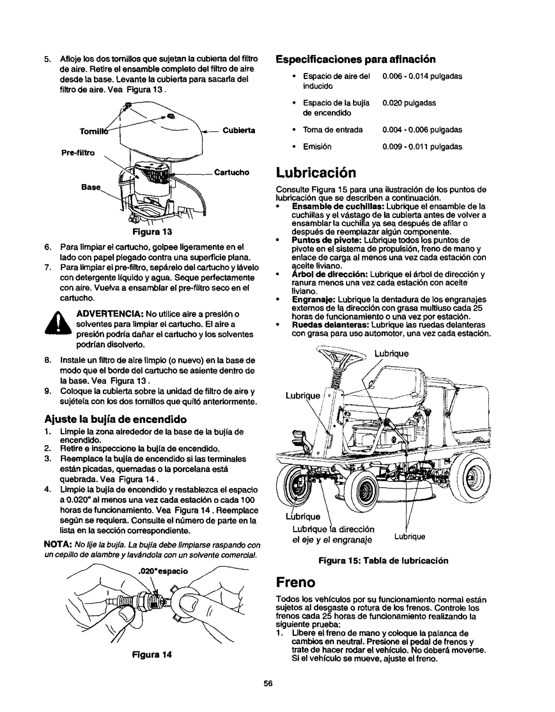 Craftsman 250, 270, 247 Lubricacidn, Freno, Especificaciones para afinaci6n, Ajuste la bujfa de encendido, Lubrique 