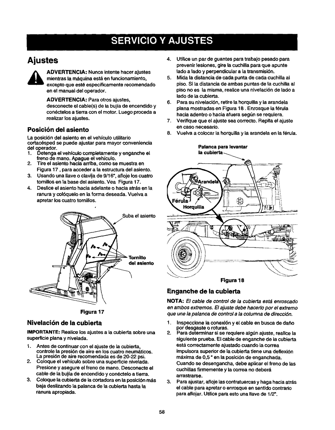 Craftsman 247, 270, 250 owner manual Ajustes, Posicibn del asiento, Nivelaci6n de la cubierta, Enganche de la cubierta 