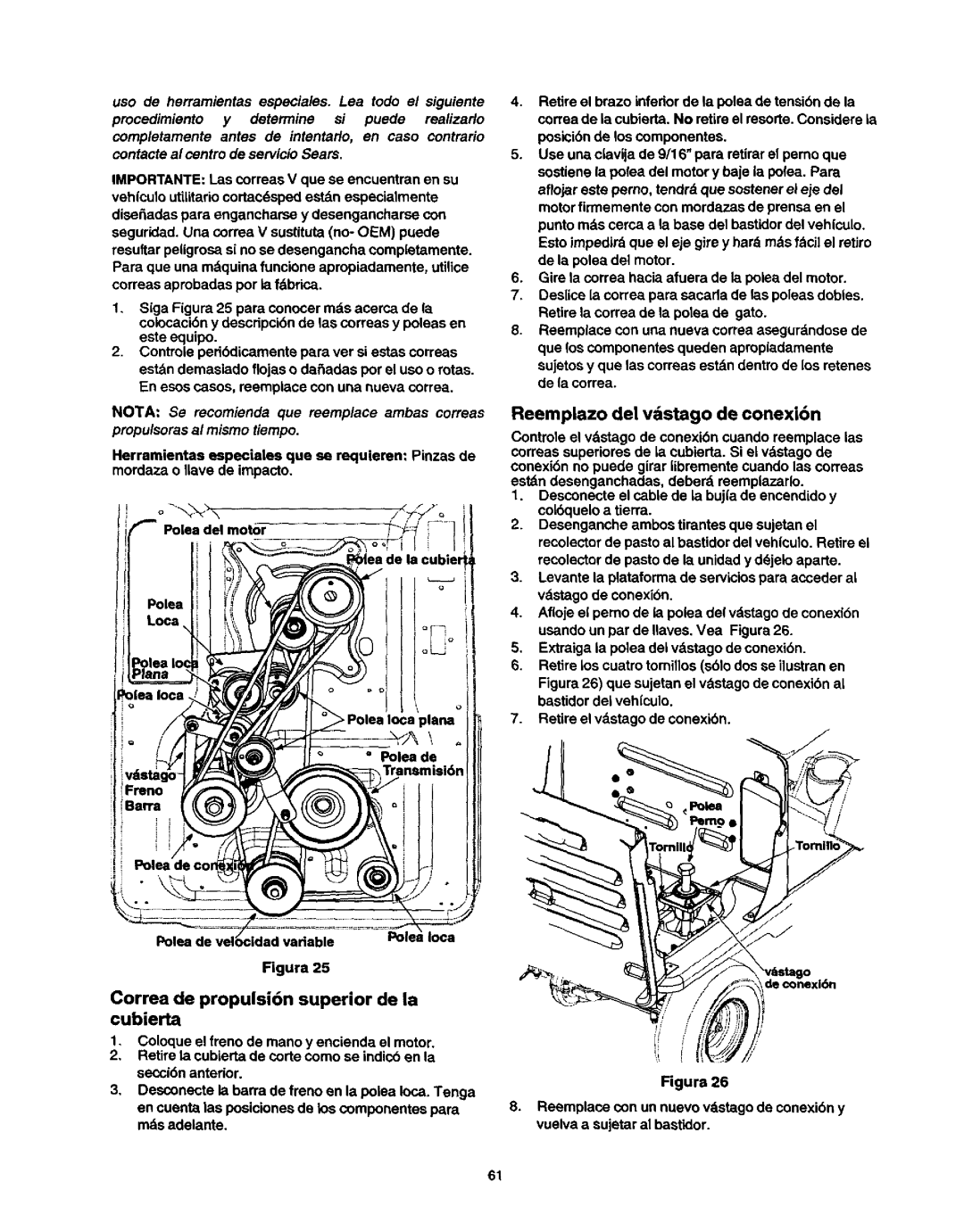 Craftsman 247, 270, 250 owner manual Reemplazo del vdstago de conexi6n, Correa de propulsi6n superior de a cubierta 