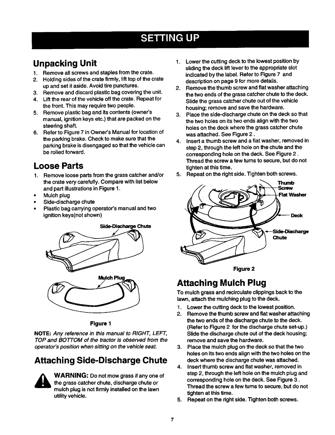 Craftsman 247, 270, 250 owner manual Unpacking Unit, Attaching Mulch Plug, Loose Parts, Attaching Side-Discharge Chute 