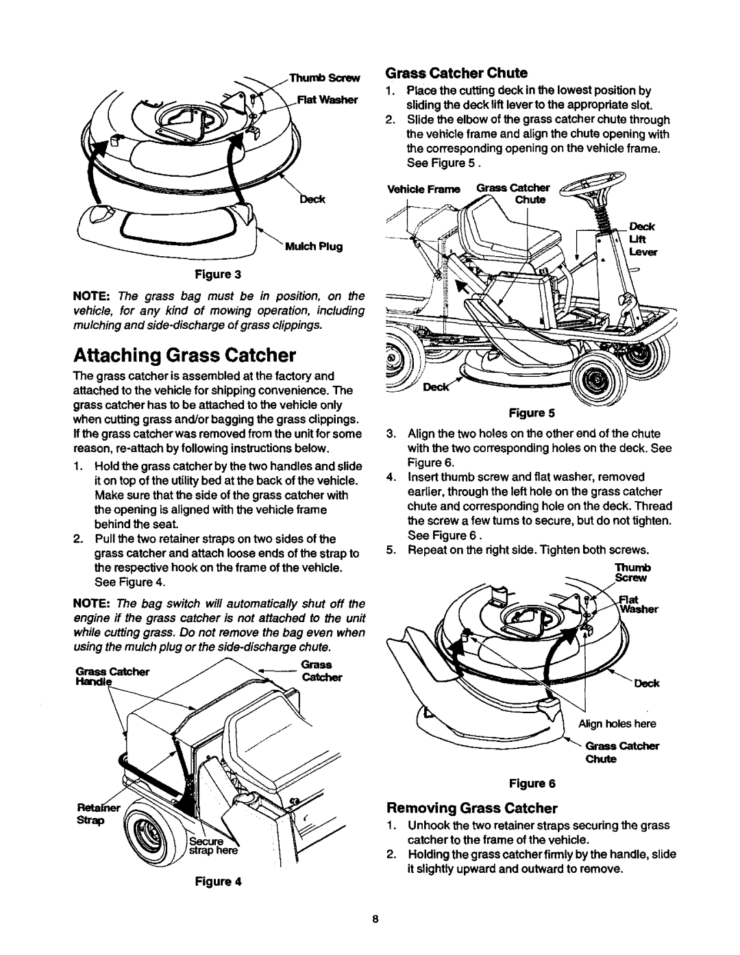 Craftsman 250, 270, 247 Attaching Grass Catcher, Grass Catcher Chute, Flat Washer Deck Mulch Plug, Deck -Lift Lever 