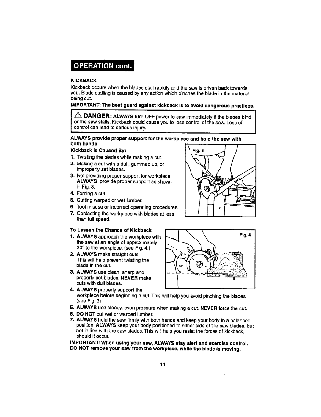 Craftsman 286.17589 operating instructions Kickback 