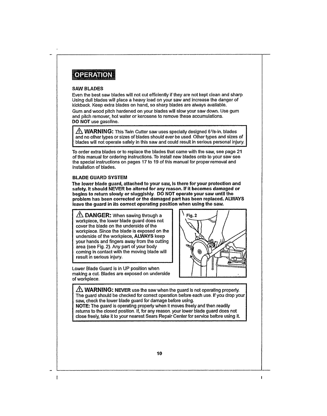 Craftsman 286.25574 owner manual SAW Blades, Blade Guard System 