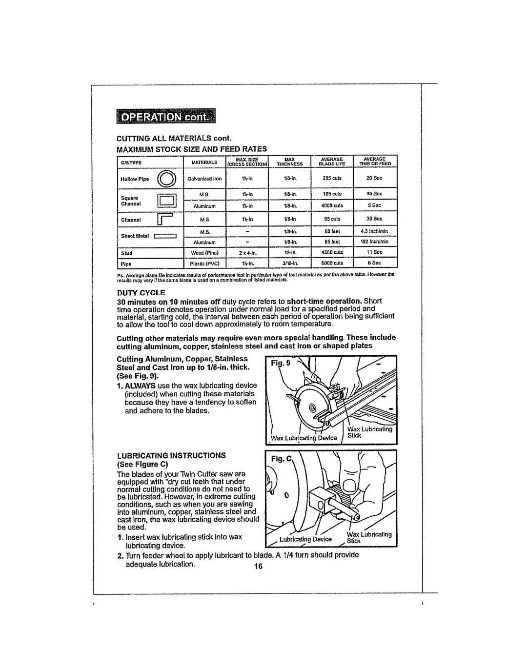 Craftsman 286.25574 owner manual Lubricating Instructions, Cutting, ALL Materials cent, Maximum Stock Size and Feed Rates 