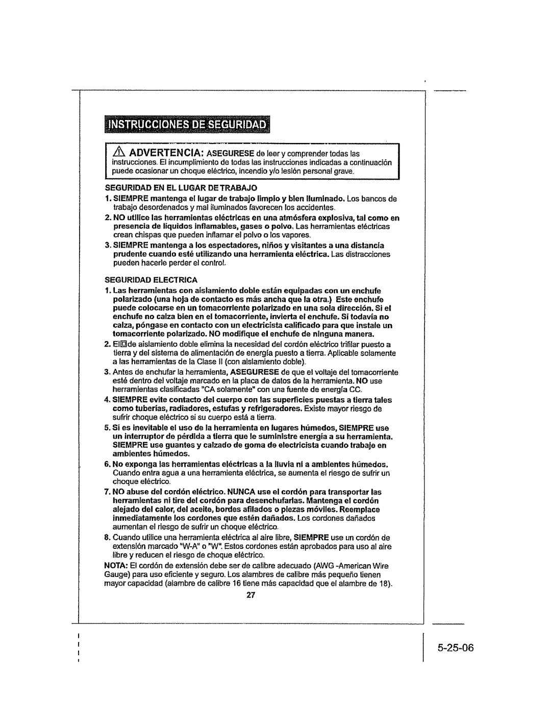 Craftsman 286.25574 owner manual Seguridad EN EL Lugar DE Trabajo 