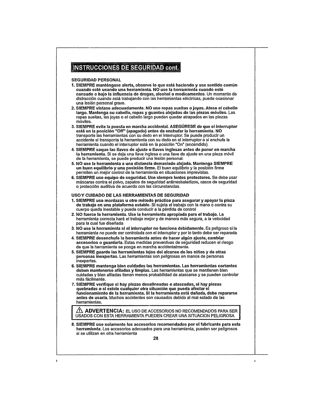 Craftsman 286.25574 owner manual Seguridad Personal, Usoy Cuidado DE LAS Herramientas DE Seguridad, Herramienlas 