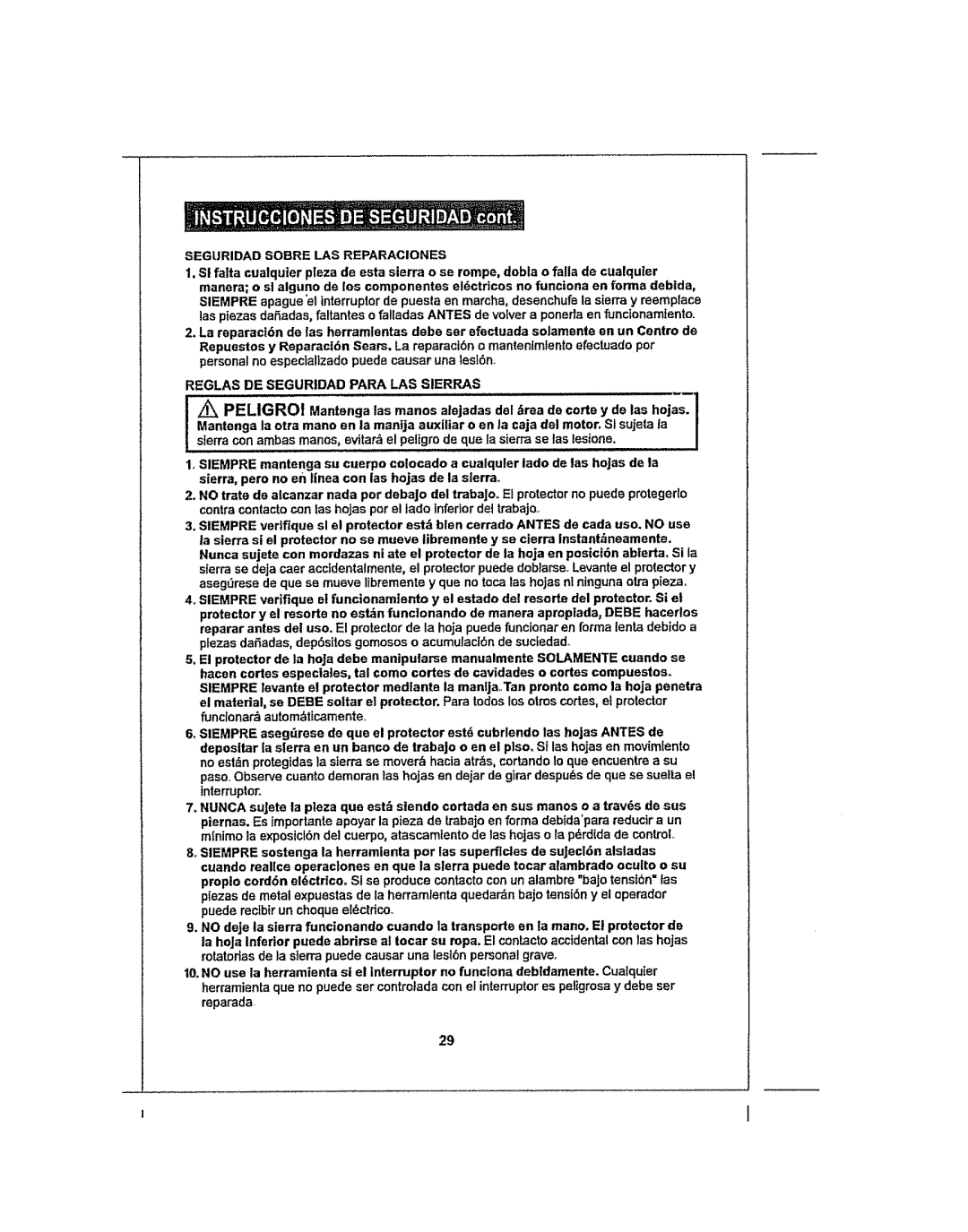 Craftsman 286.25574 owner manual Seguridad Sobre LAS Reparaciones, Reglas DE Seguridad Para LAS Sierras 