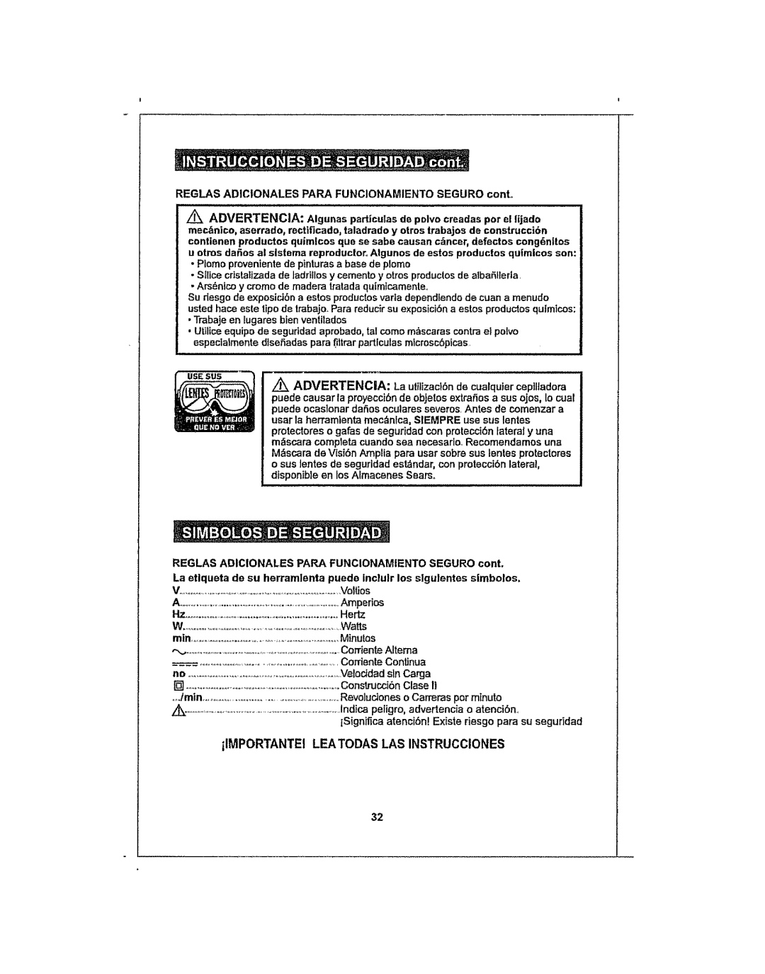 Craftsman 286.25574 Leatodas LAS Instrucciones, Reglas Adicionales Para Funcionamiento Seguro cant, Advertencia 