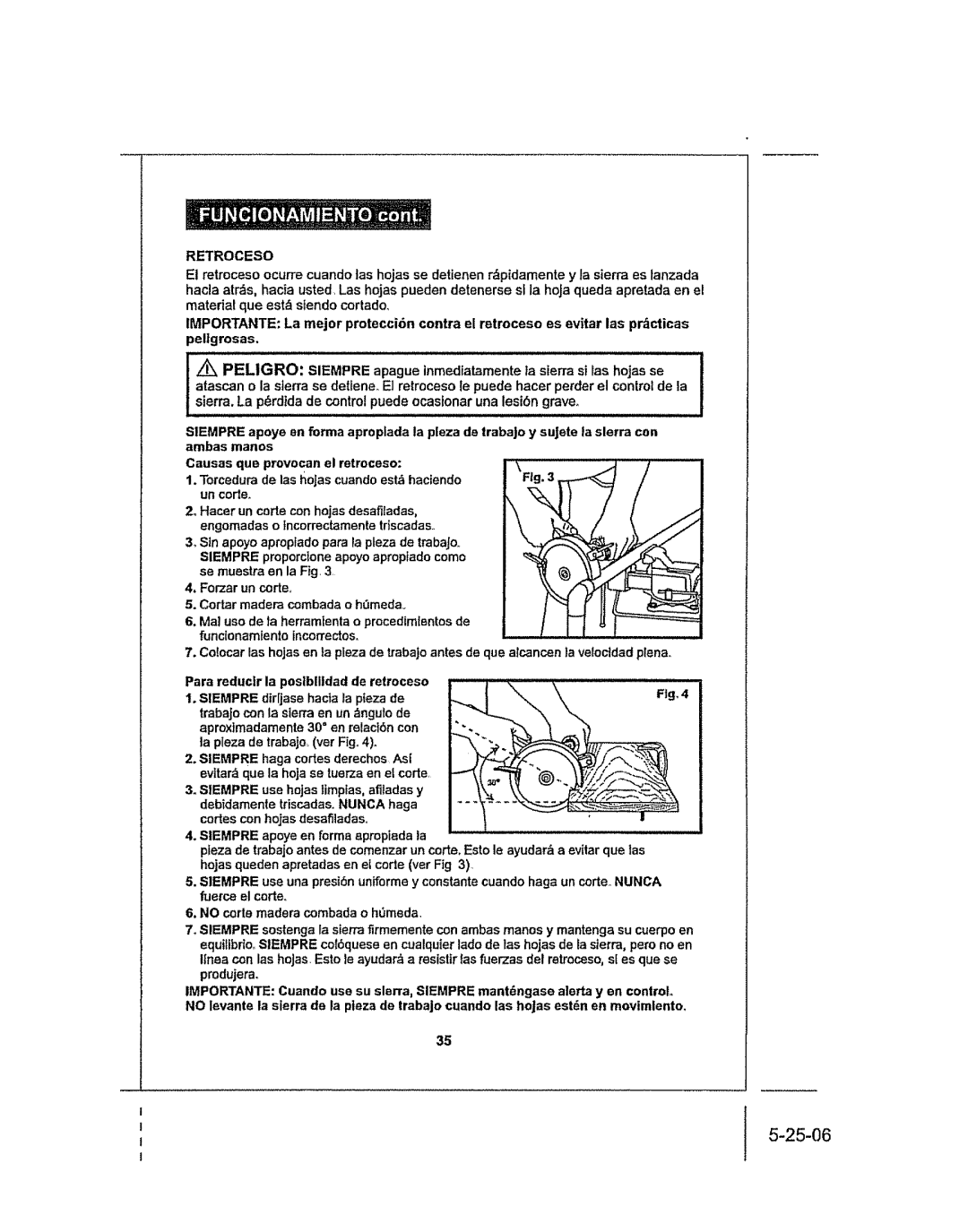 Craftsman 286.25574 owner manual Retroceso, Ta pleza de trabajo ver Fig Siempre haga cortes derechos As 