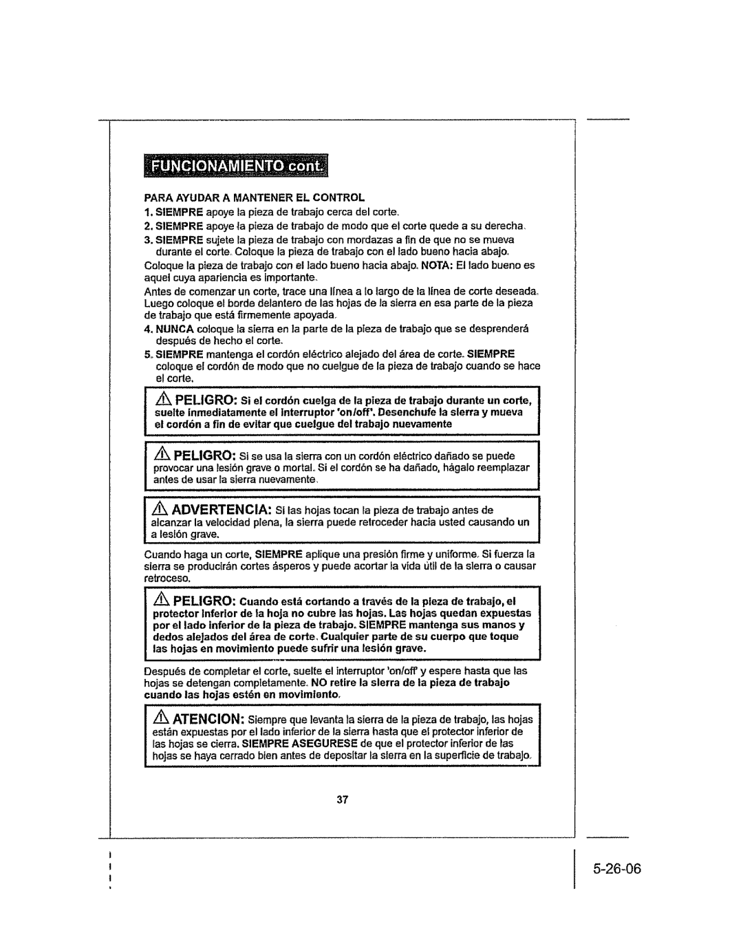 Craftsman 286.25574 owner manual 2606, Para Ayudar a Mantener EL Control 