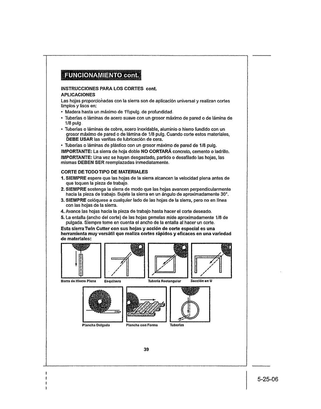 Craftsman 286.25574 owner manual Instrucciones Para LOS Cortes, Aplcaciones, Corte Detodotipo DE Materiales 