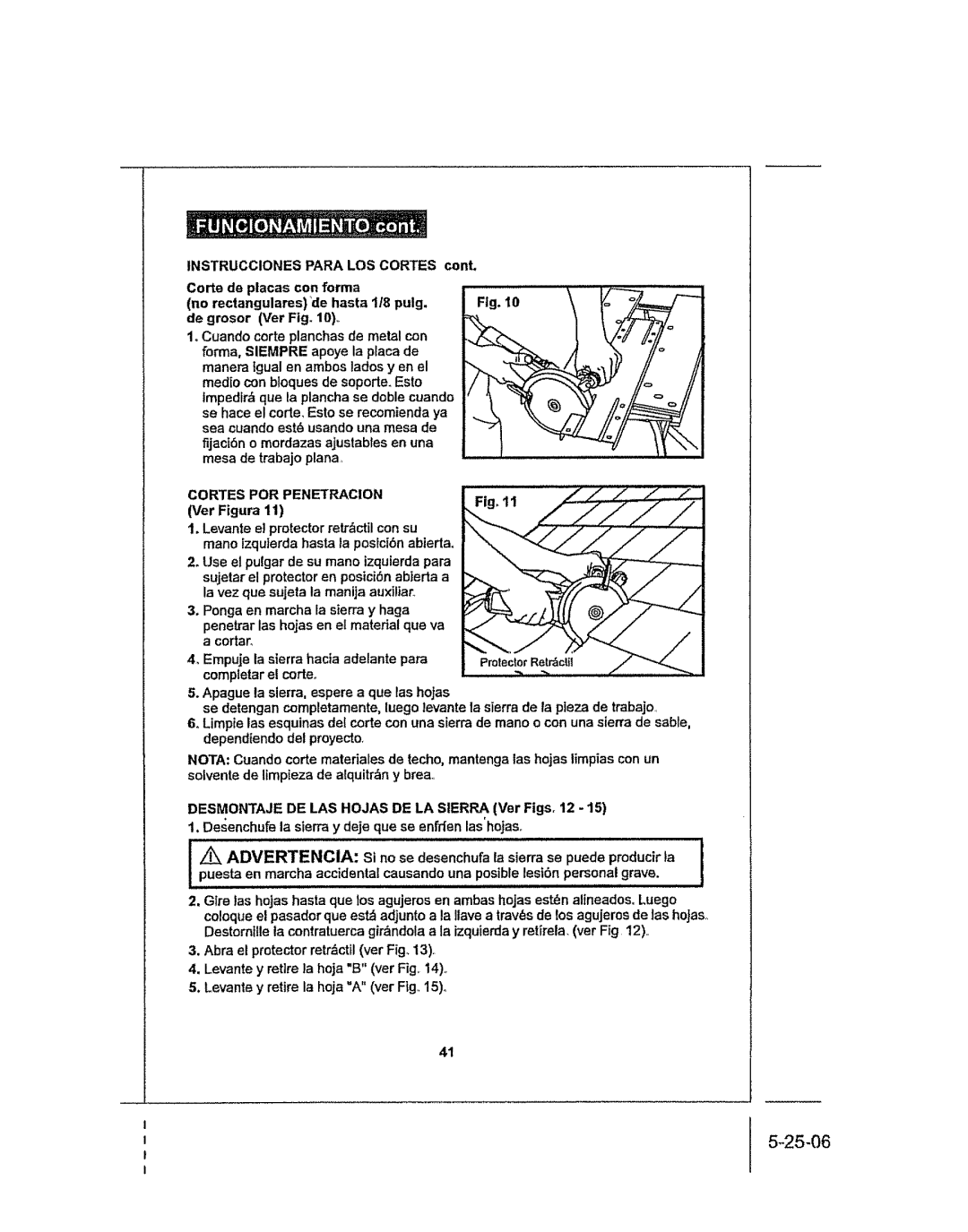 Craftsman 286.25574 owner manual Cortes POR Penetracion, Ver Figura 