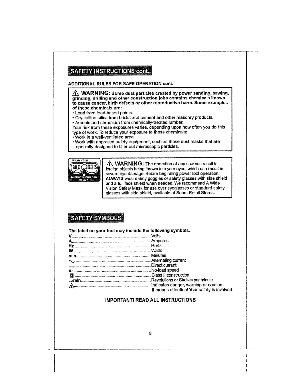 Craftsman 286.25574 IMPORTANT! Read ALL Instructions, Label on your tool may include the following symbols, Hertz 