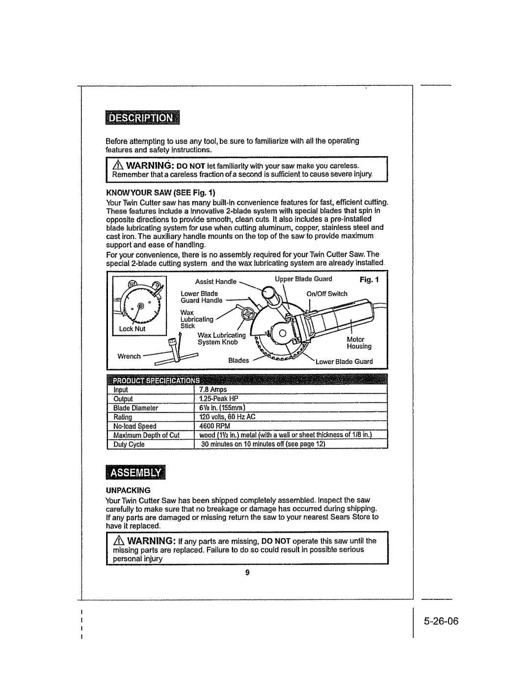 Craftsman 286.25574 owner manual Unpacking 