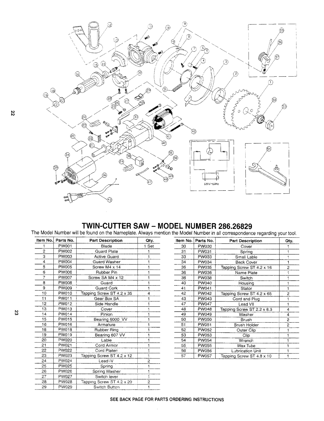 Craftsman 286.26829 owner manual TWIN-CUTTER SAW Model Number, Item No Parts no Part Description Qty Parts No City 