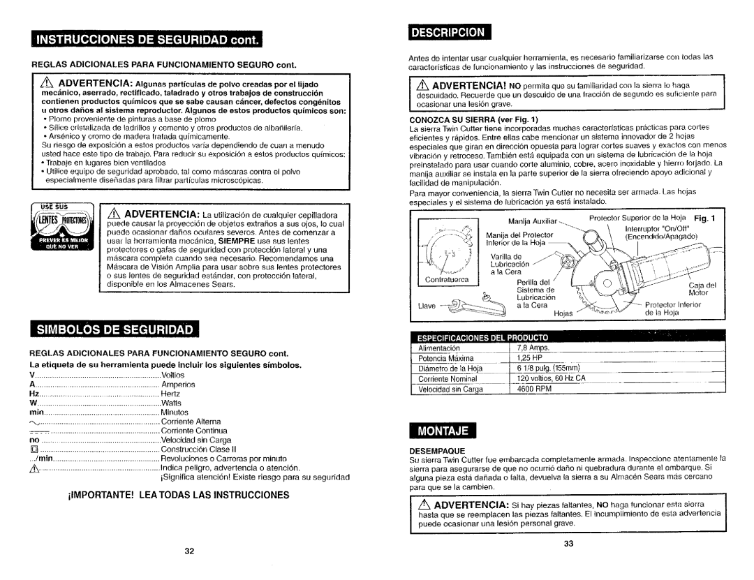 Craftsman 286.26829 Advertencia, Reglas Adicionales Para Funcionamiento Seguro, Coo todas, Conozca SU Sierra ver Fig 