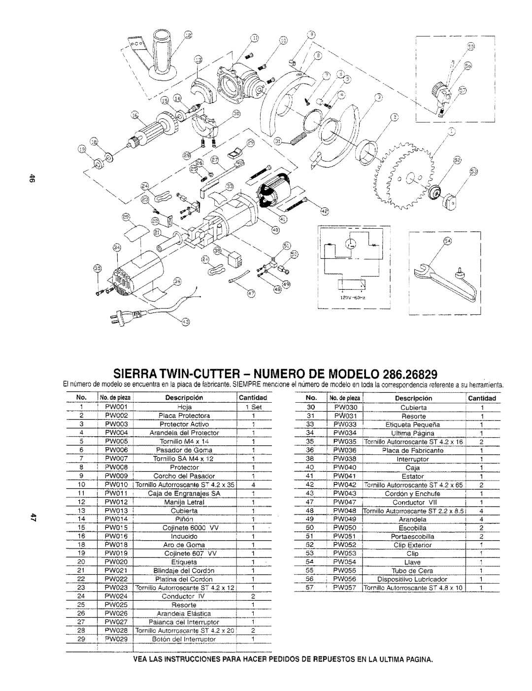 Craftsman 286.26829 owner manual Descripcibn Cantidad No.de pleza Description, PW036, PW038, PW043, Letral, PW027 