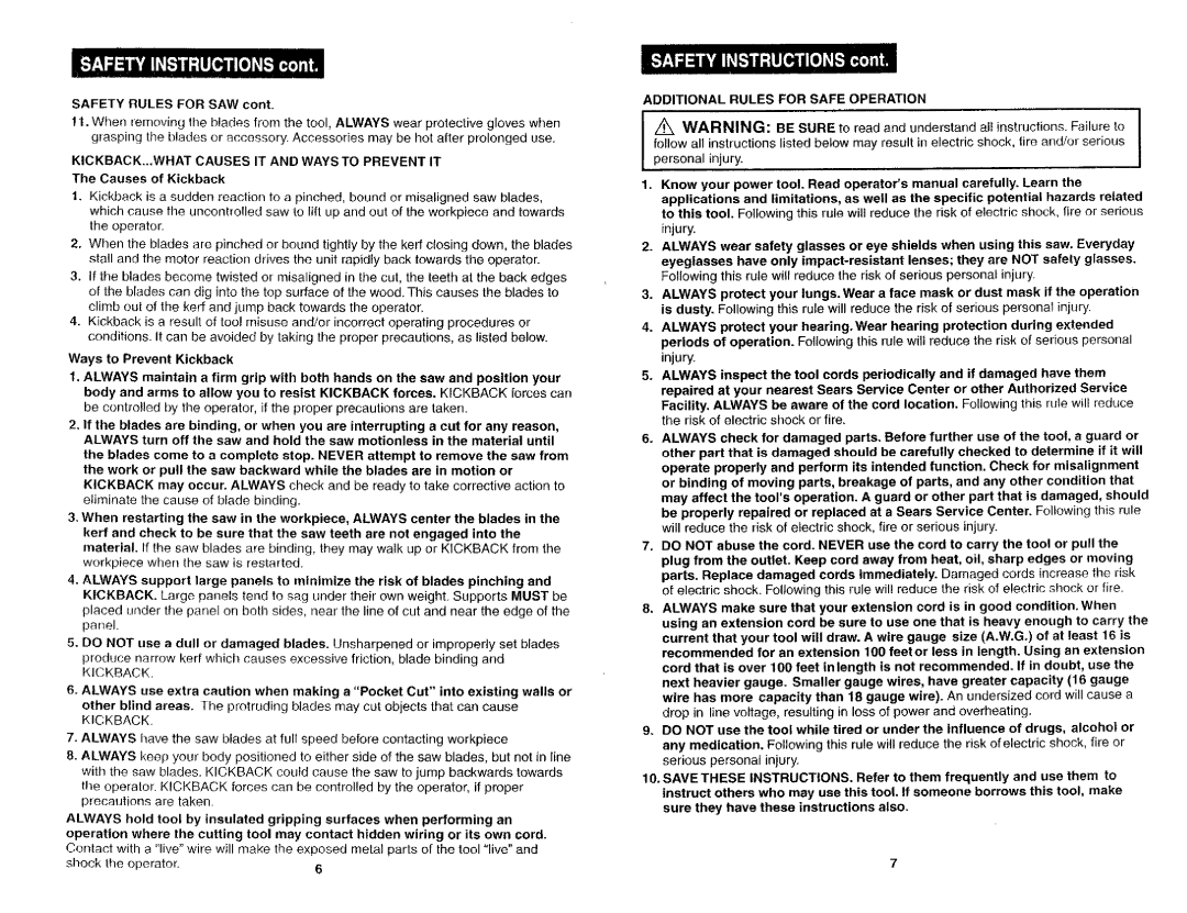 Craftsman 286.26829 owner manual KICKBACK..,WHAT Causes IT and Ways to Prevent IT, Causes of Kickback 