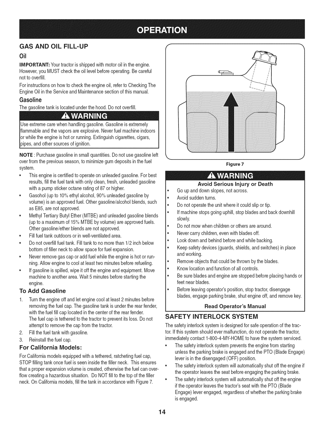 Craftsman 247.28904 manual GAS and OIL FILL-UP, 0il, Gasoline, Safety Interlock System 