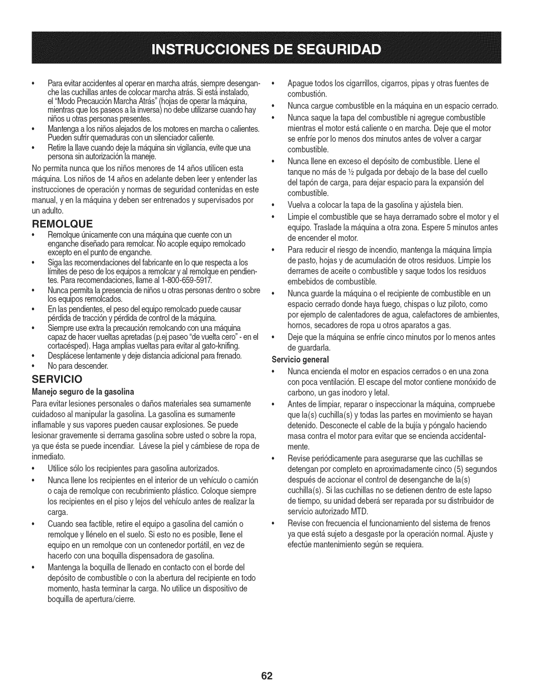 Craftsman 247.28904 manual Reiviolque, SERVIClO, Manejo seguro de la gasolina 