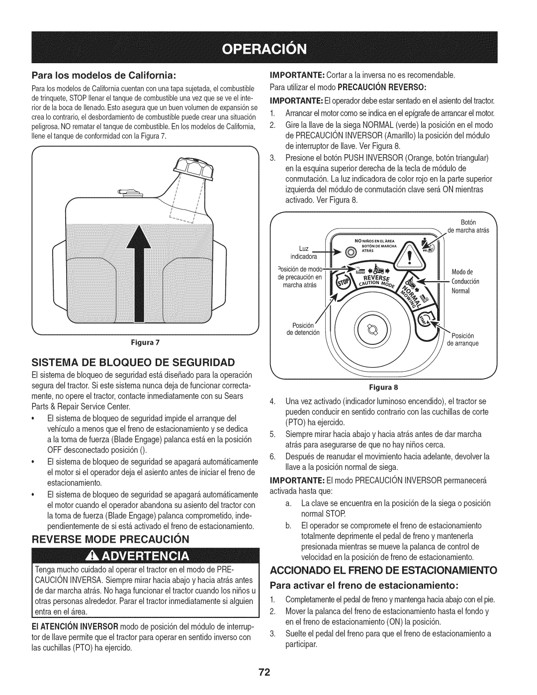 Craftsman 28904 manual Sistenia DE Bloqueo DE Seguridad, Reverse Mode Precaucion, Accionado EL Freno DE ESTACIONAlVUENTO 