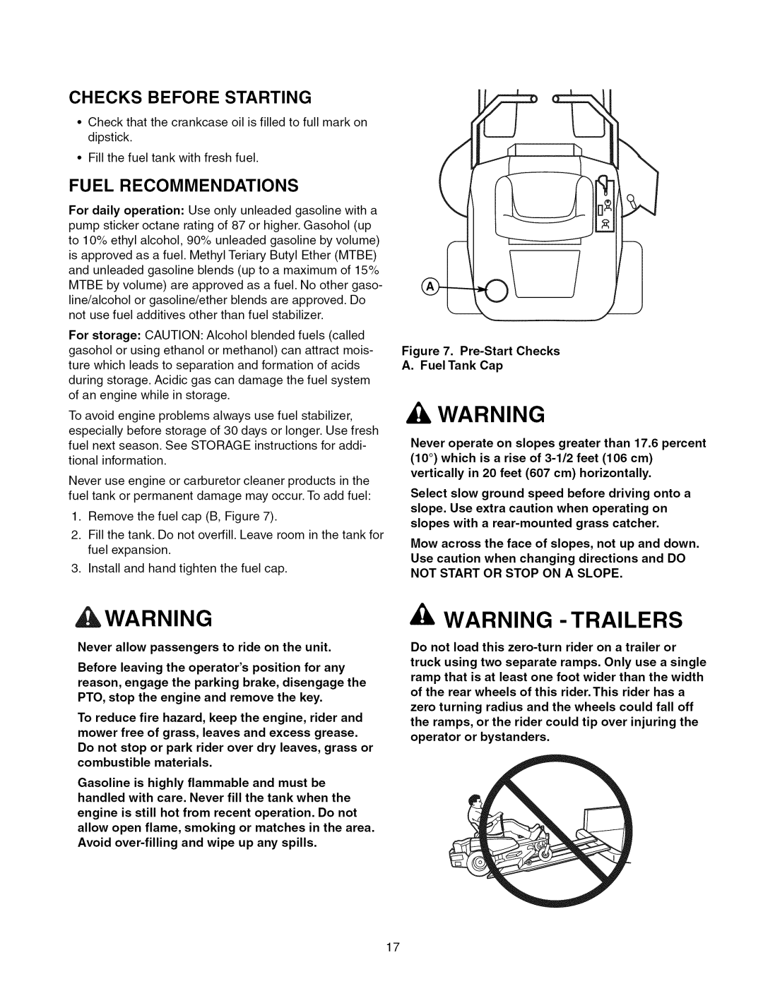 Craftsman 107.289920 manual Checks Before Starting, Fuel Recommendations 