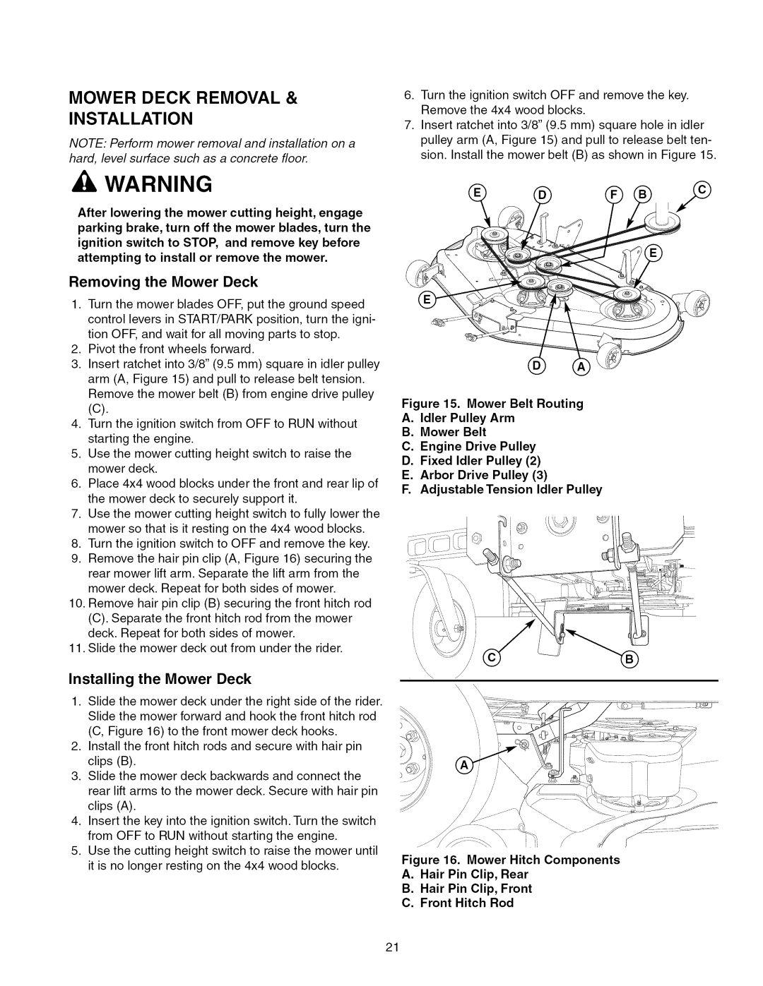 Craftsman 107.289920 manual Mower Deck Removal & Installation, Removing the Mower Deck, Installing the Mower Deck 