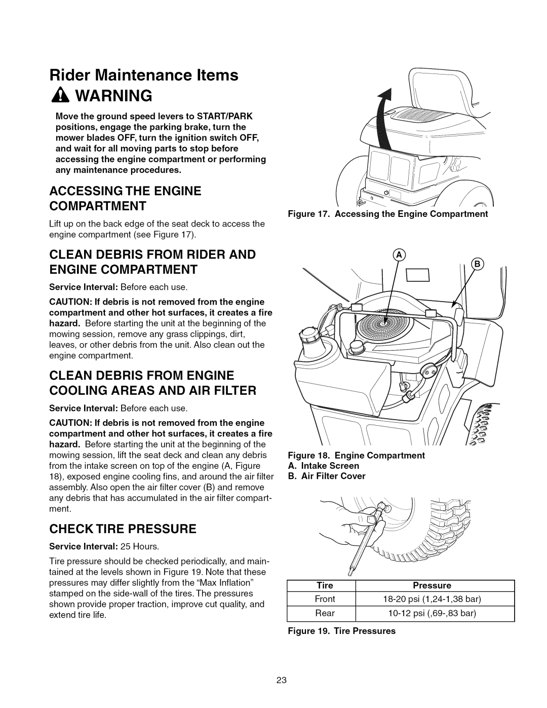 Craftsman 107.289920 Accessing the Engine Compartment, Clean Debris from Rider and Engine Compartment, Check Tire Pressure 