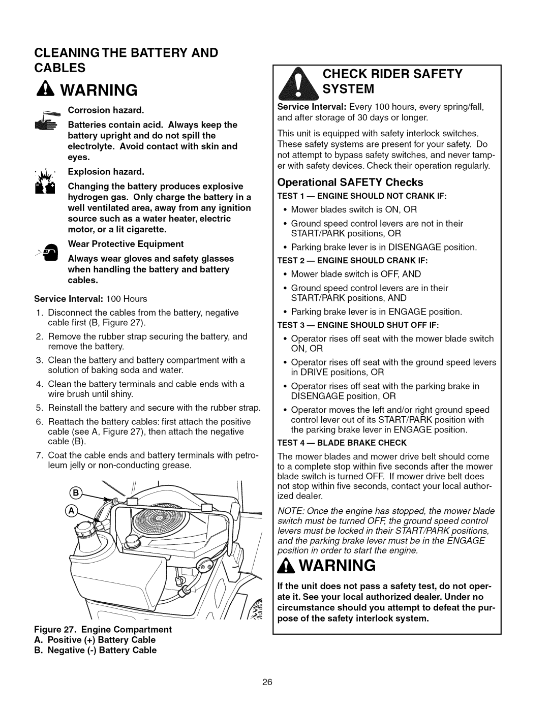 Craftsman 107.289920 manual Cleaning the Battery and Cables, Check Rider Safety System 