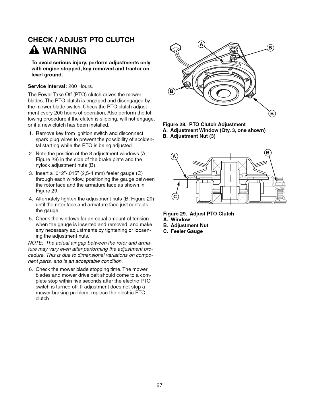 Craftsman 107.289920 manual Adjust PTO Clutch, Adjustment Nut Feeler Gauge 