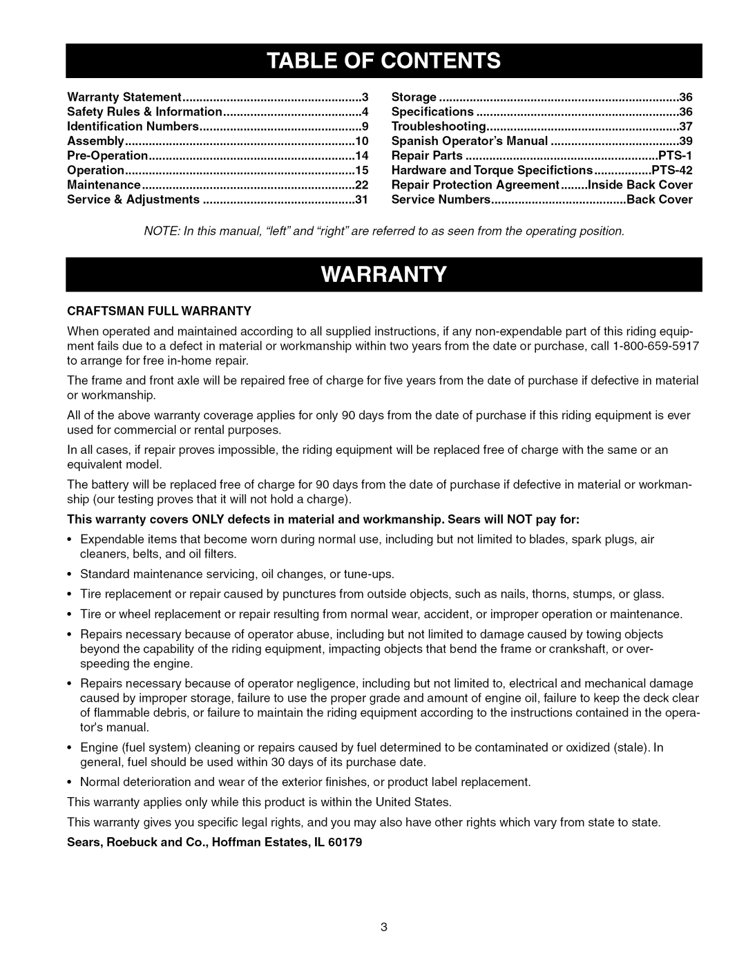 Craftsman 107.289920 manual Craftsman Full Warranty 