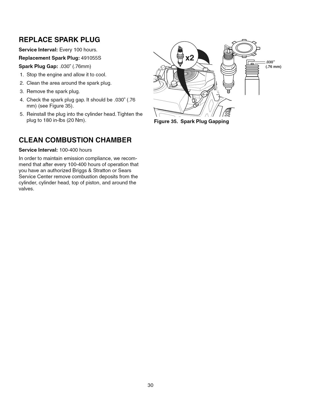 Craftsman 107.289920 manual Clean Combustion Chamber, Spark Plug Gapping 