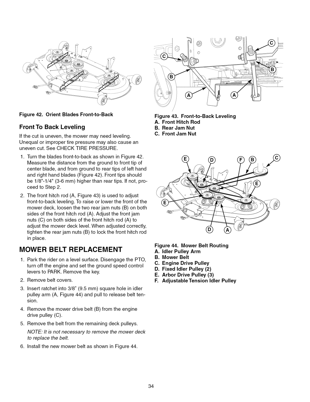 Craftsman 107.289920 manual Mower Belt Replacement, Front To Back Leveling 