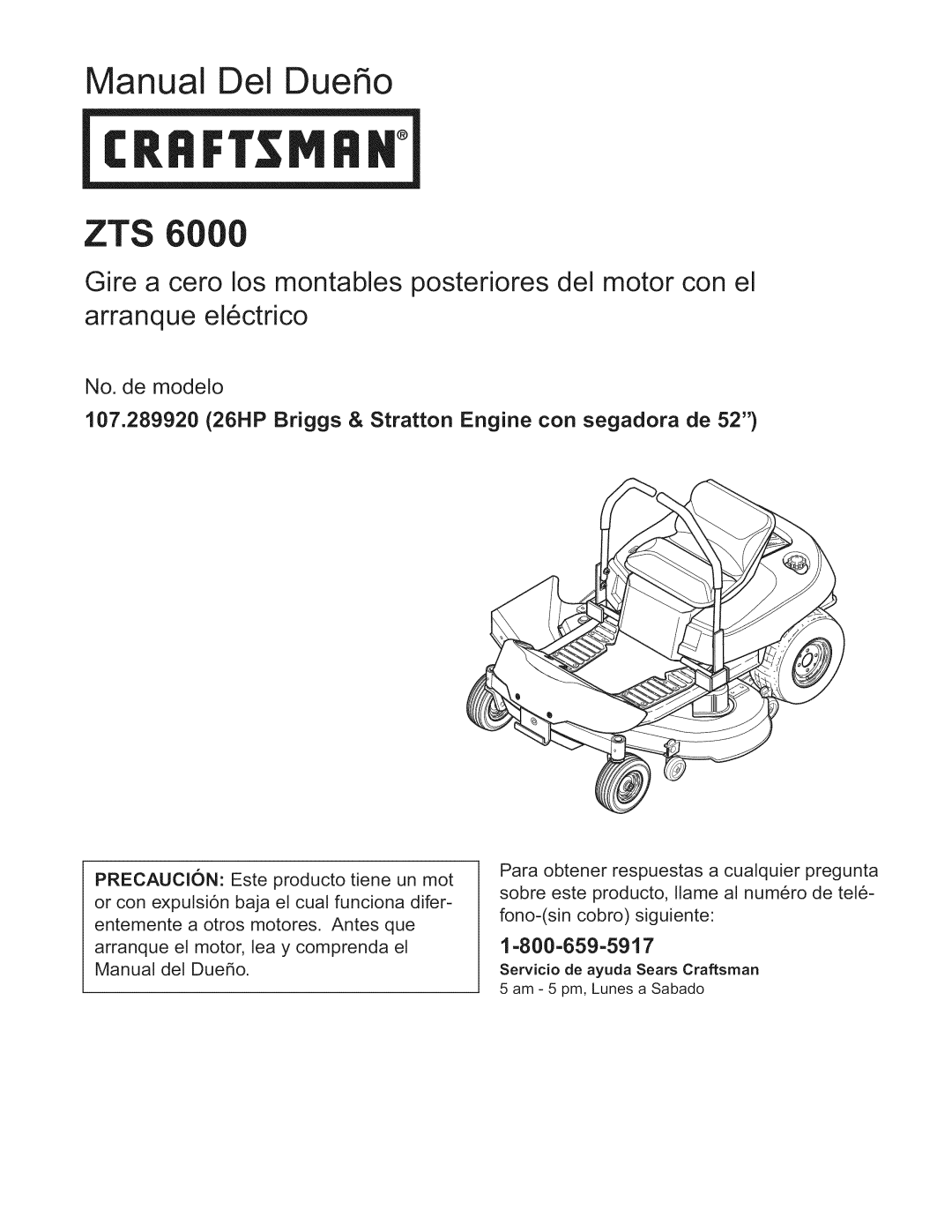 Craftsman 107.289920 manual Zts 