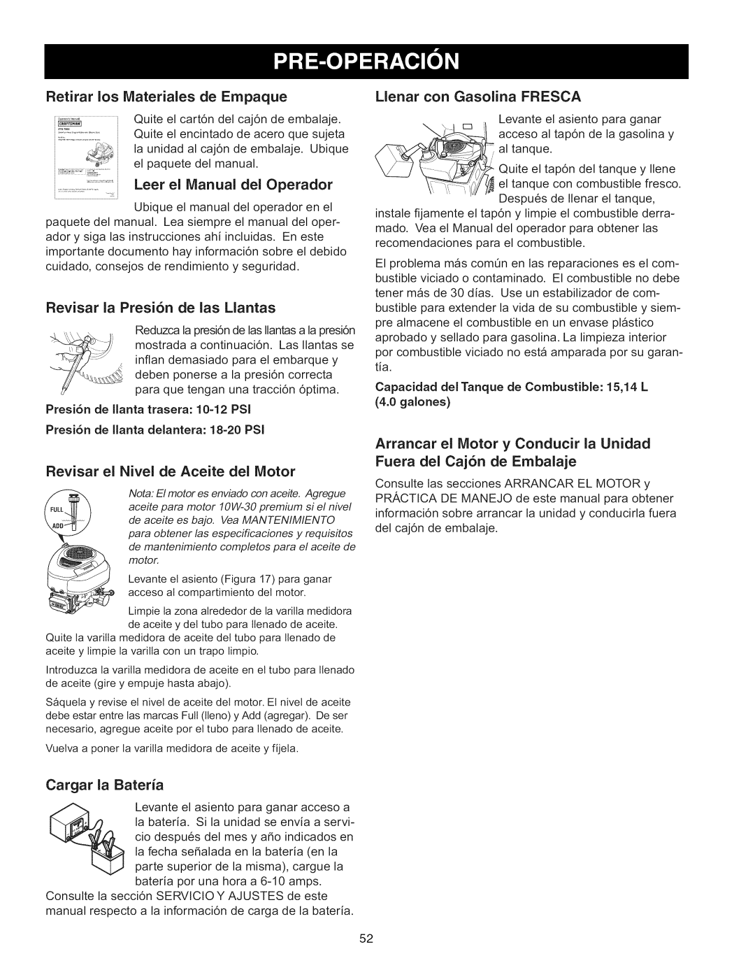 Craftsman 28992 manual Leer el Manual del Operador, Revisar la Presi6n de las Mantas, Revisar el Nivel de Aceite del Motor 