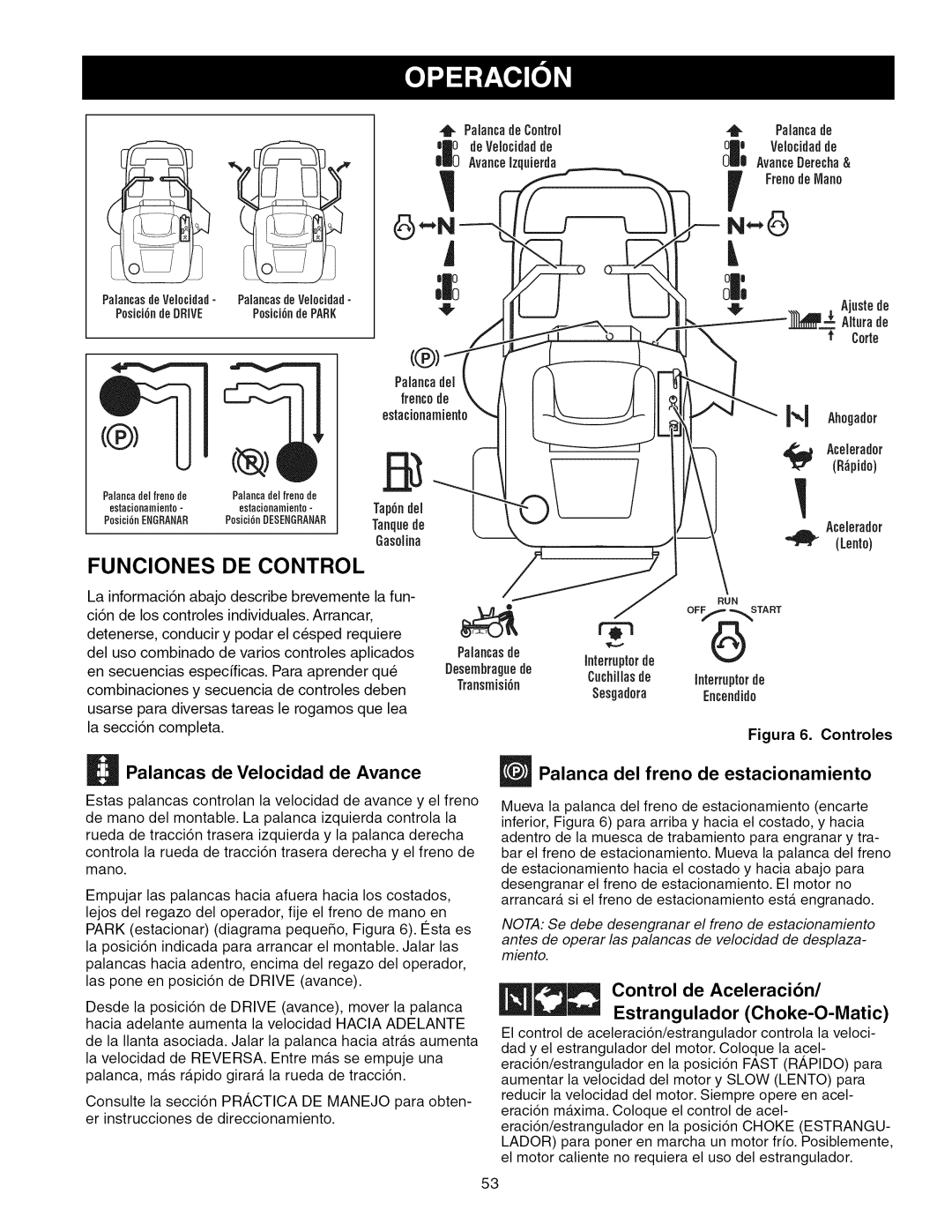 Craftsman 107.289920 manual Funciones DE Control, Control de Aceleracibn Estrangulador Choke-O-Matic, Interrupterde 