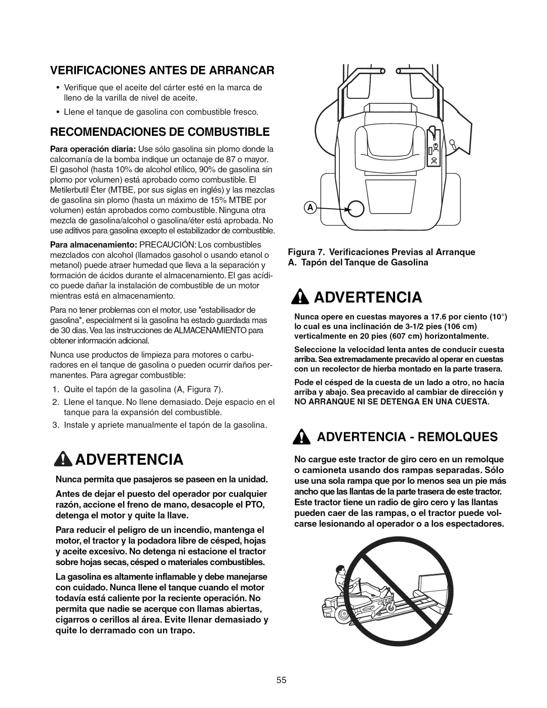 Craftsman 107.289920 manual Advertencia Remolques, Verificaciones Antes DE Arrancar 