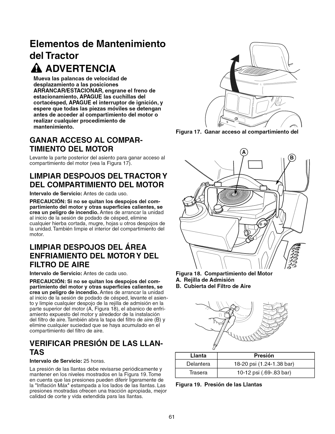 Craftsman 107.289920 manual Ganar Acceso AL Compar Timiento DEL Motor, Filtro DE Aire, Verificar Presion DE LAS LLAN- TAS 