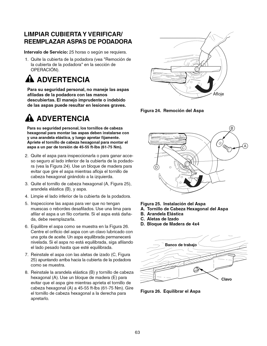 Craftsman 107.289920 manual Limpiar Cubierta Y VERIFICAR/ Reemplazar Aspas DE Podadora, Figura 24. Remoci6n del Aspa 