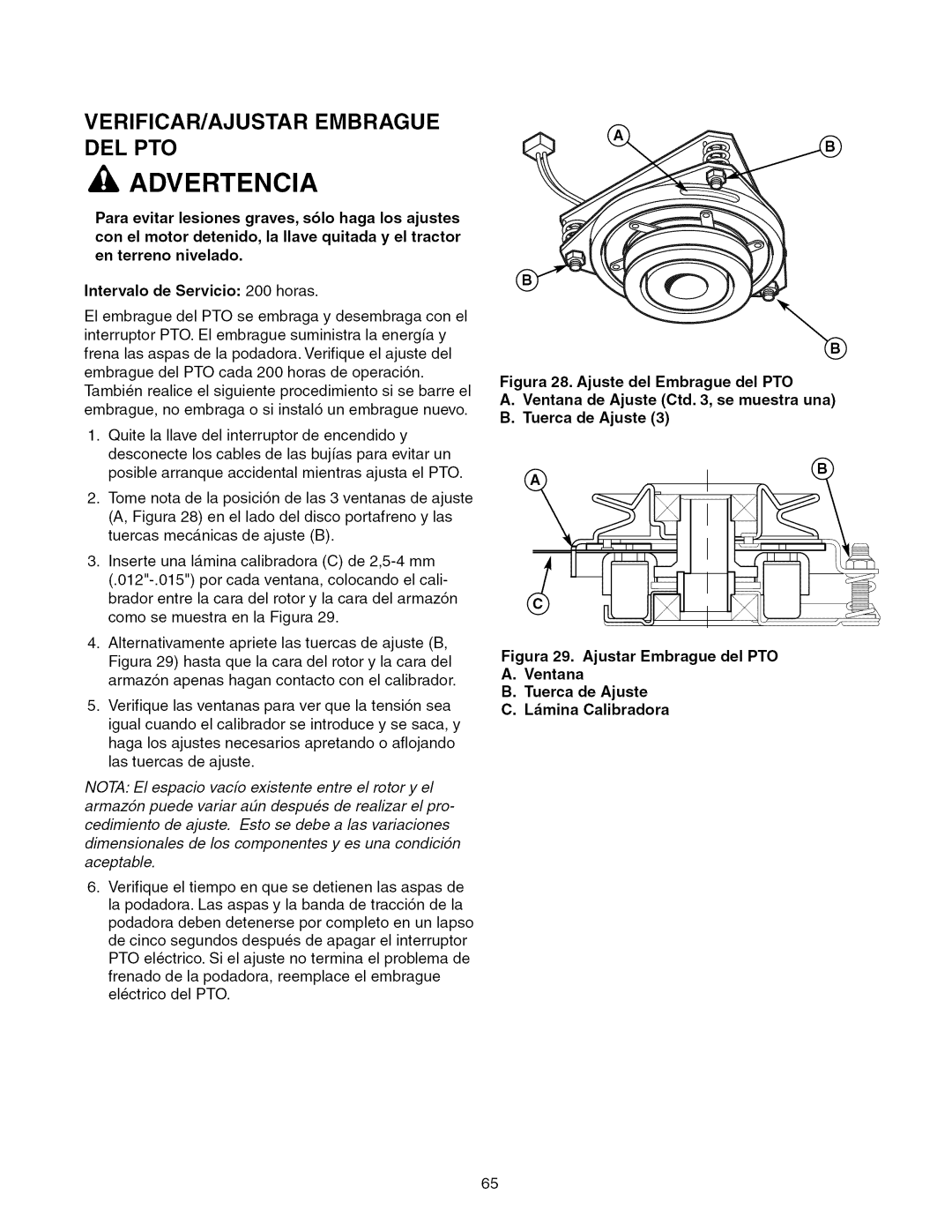 Craftsman 107.289920 manual VERIFICAR/AJUSTAR Embrague DEL PTO 