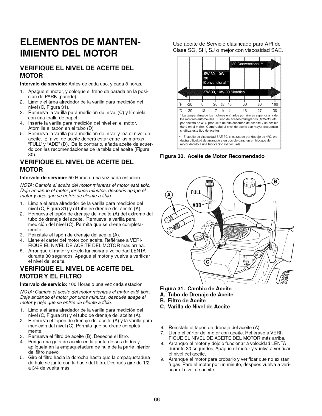 Craftsman 107.289920 manual Verifique EL Nivel DE Aceite DEL Motor Y EL Filtro 