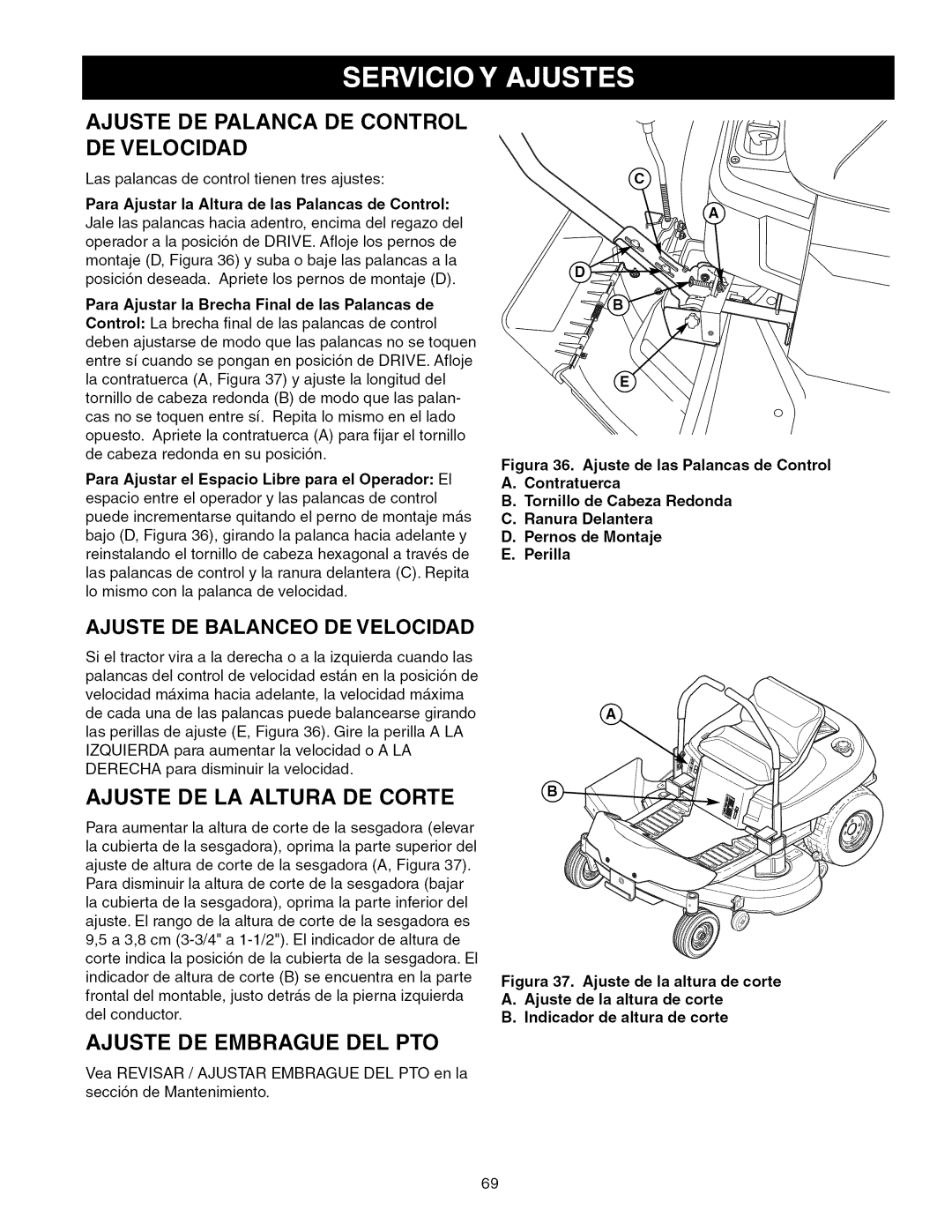 Craftsman 107.289920 manual Ajuste DE Palanca DE Control DE Velocidad, Ajuste DE Embrague DEL PTO 